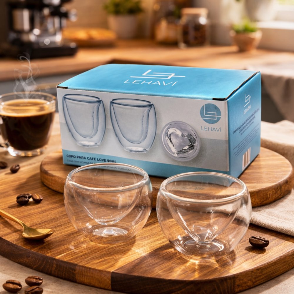 Kit 2 Copo Café 90ml Vidro Borossilicato Coração